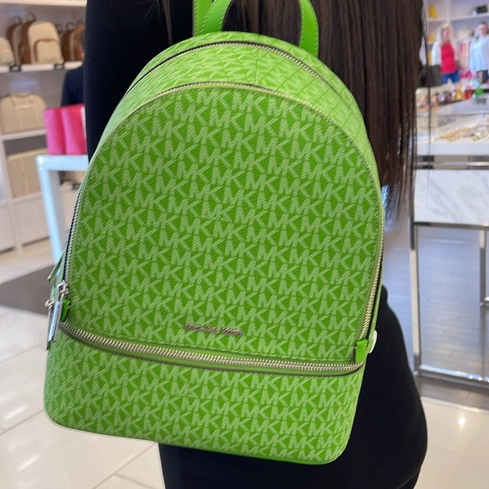 Michael Kors Rhea Medium Signature Logo Backpack Jungle Green NWT
